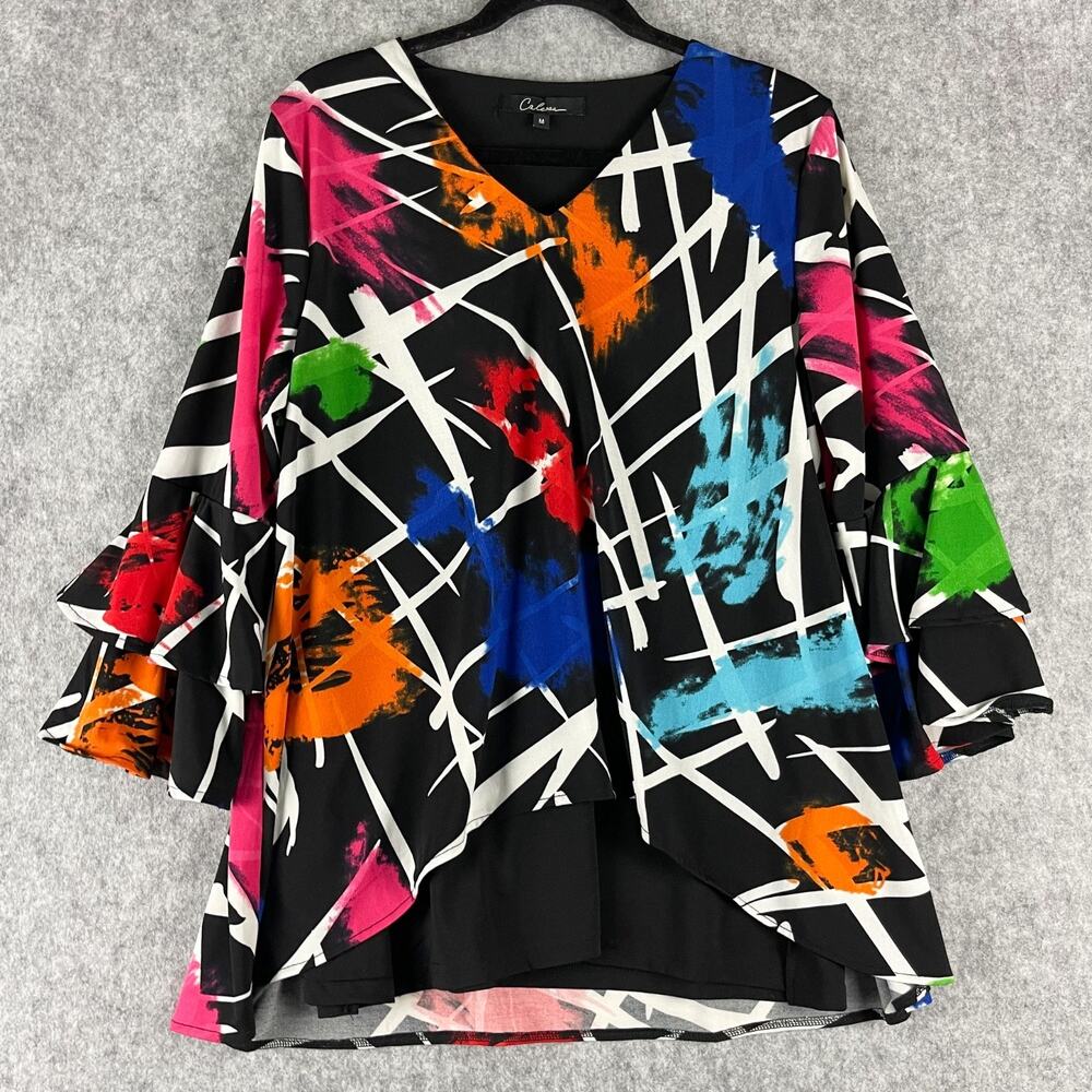 Calessa Tunic Top Womens Medium Abstract Colorful Flutter Sleeve Bold Artsy